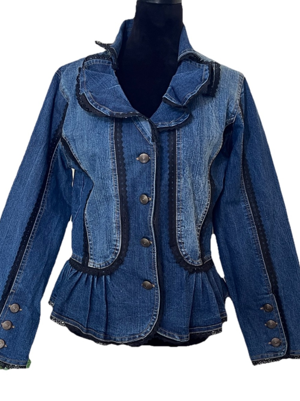 New Identity Jean Jacket Womens Large Denim Black Lace Ruffles Whimsigoth NWT
